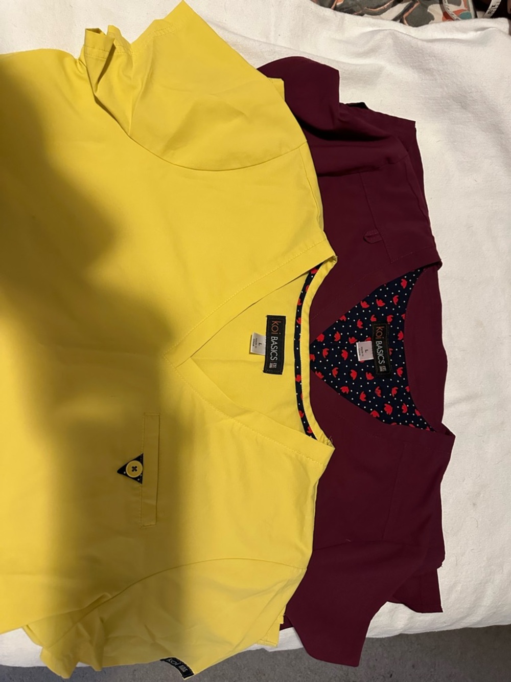 koi Womens Yellow and Burgundy Short Sleeve Scrub Tops